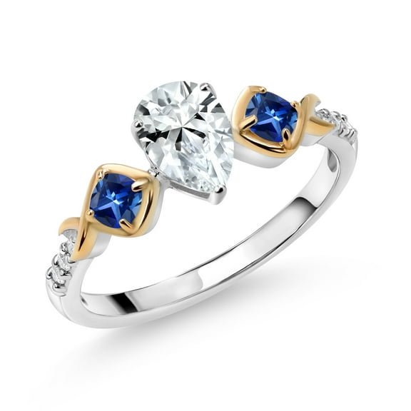 Gem Stone King 1.31 Ct White Created Sapphire Blue Created Sapphire 925 Silver and 10K Yellow Gold Ring (Size 6)