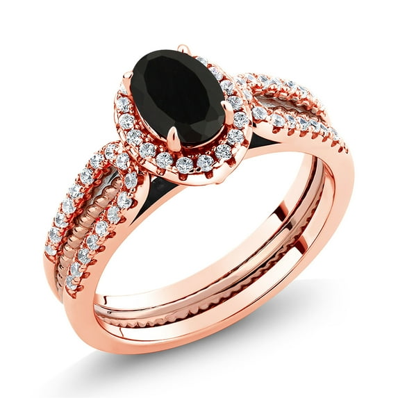 Gem Stone King 1.32 Ct Oval Black Onyx 18K Rose Gold Plated Silver Stackable Ring (Size 8)