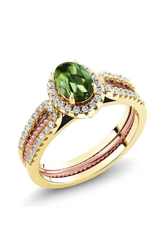 1.32 Ct Oval Green Tourmaline 18K Yellow Gold Plated Silver Stackable Ring (Size 6)