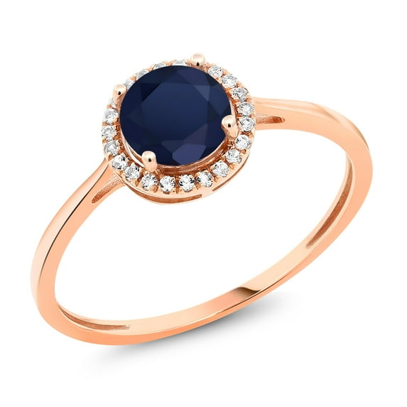 Gem Stone King 1.32 Ct Round Blue Sapphire White Diamond 10K Rose Gold Ring