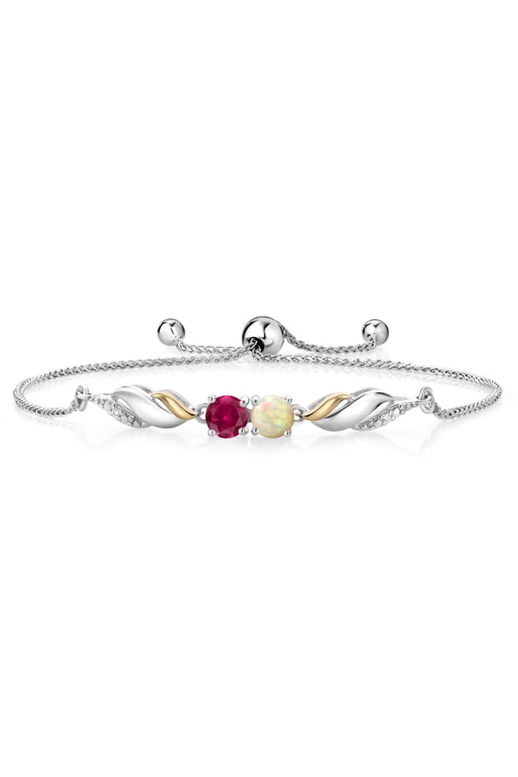 1.32 Ct Round Cabochon White Ethiopian Opal Red Created Ruby 925 Silver and 10K Yellow Gold Lab Grown Diamond Bracelet for Women