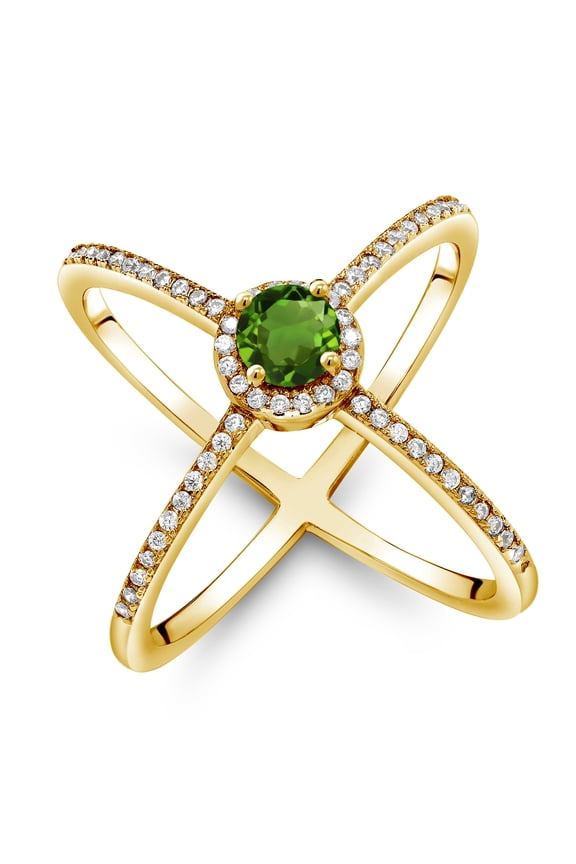 1.32 Ct Round Green Chrome Diopside 18K Yellow Gold Plated Silver Criss Cross X Ring (Size 6)