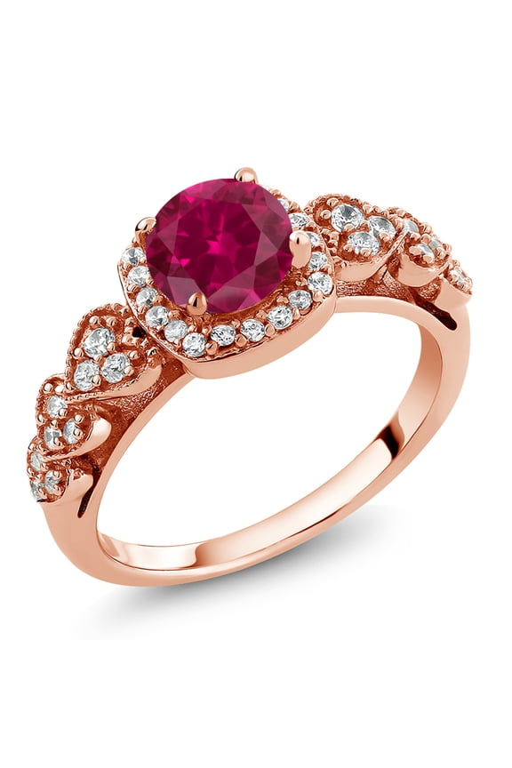 18K Rose Gold Plated Silver Round Red Created Ruby Ring for Women (1.32 Cttw, Available in Size 5, 6, 7, 8, 9)