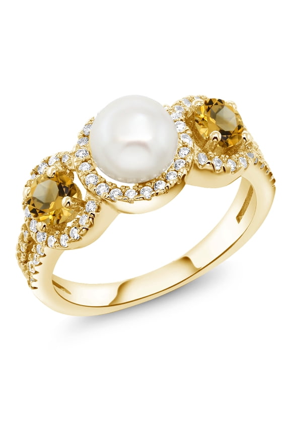 1.32 Ct Round Yellow Citrine 18K Yellow Gold Plated Silver Cultured Freshwater Pearl Ring