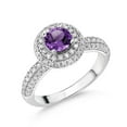 thumbnail image 1 of Gem Stone King 1.32 Cttw 5MM Round Purple Amethyst and White Moissanite Ring for Women | 925 Sterling Silver | Gemstone Birthstone (Size 9), 1 of 5