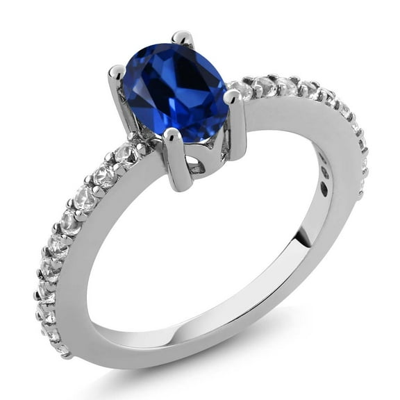 Gem Stone King 1.33 Ct Oval 7x5mm Blue Created Sapphire and Created Sapphire 925 Silver Ring