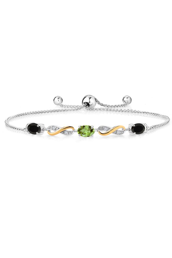 1.33 Ct Oval Black Onyx Green Peridot 925 Silver and 10K Yellow Gold Lab Grown Diamond Adjustable Infinity Bracelet for Women Mother's Mom Wife Her