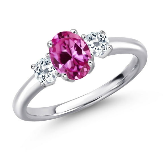 Gem Stone King 925 Sterling Silver Pink Created Sapphire and White Topaz Engagement Ring for Women | 1.33 Cttw | Oval 7X5MM | Gemstone September Birthstone | Size 7