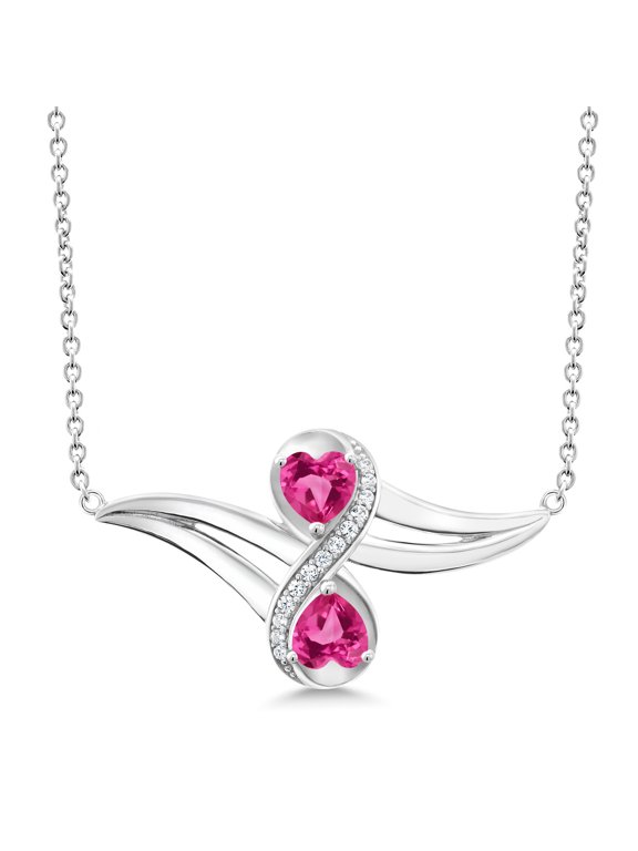 1.33 Ct Pink Mystic Topaz White Created Sapphire 925 Sterling Silver 2 Heart Infinity Pendant