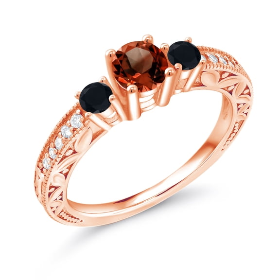 Gem Stone King 1.33 Ct Round Red Garnet Black Onyx 18K Rose Gold Plated Silver Ring (Size 6)