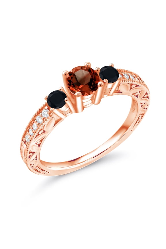 1.33 Ct Round Red Garnet Black Onyx 18K Rose Gold Plated Silver Ring (Size 5)