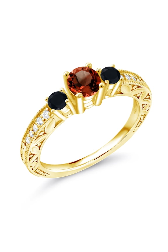 1.33 Ct Round Red Garnet Black Onyx 18K Yellow Gold Plated Silver Ring (Size 8)
