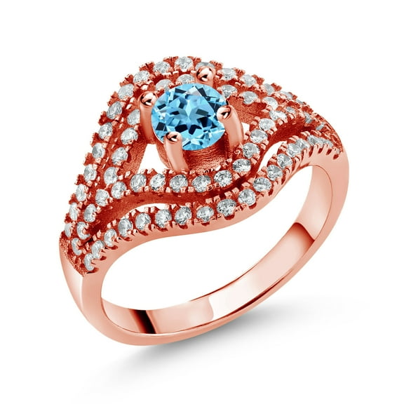Gem Stone King 1.33 Ct Round Swiss Blue Topaz 18K Rose Gold Plated Silver Ring