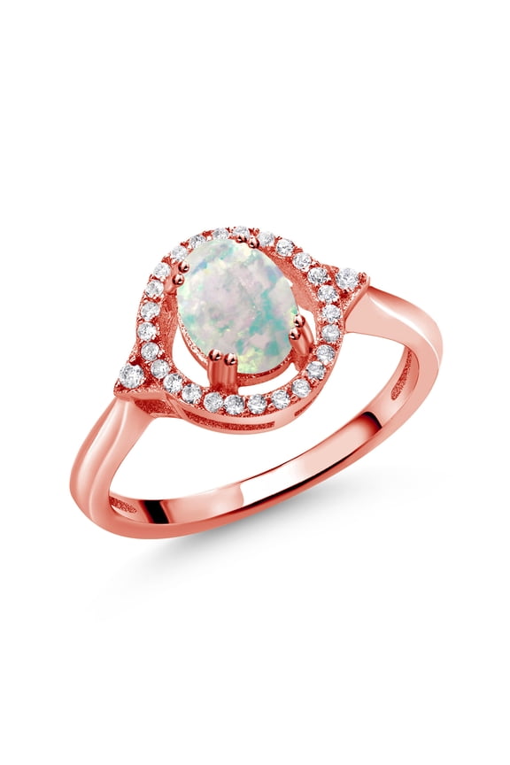 1.34 Ct Oval Cabochon White Simulated Opal 18K Rose Gold Plated Silver Ring (Size 5)