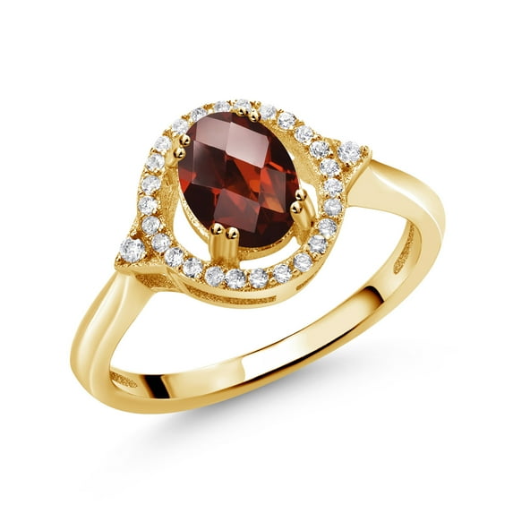 Gem Stone King 1.34 Ct Oval Checkerboard Red Garnet 18K Yellow Gold Plated Silver Ring (Size 7)