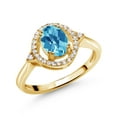 thumbnail image 1 of Gem Stone King 1.34 Ct Oval Checkerboard Swiss Blue Topaz 18K Yellow Gold Plated Silver Ring (Size 6), 1 of 4