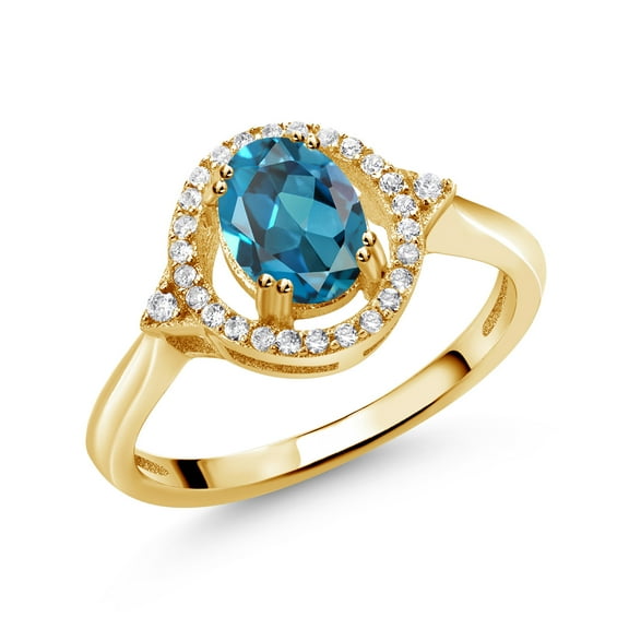 Gem Stone King 1.34 Ct Oval London Blue Topaz 18K Yellow Gold Plated Silver Ring (Size 8)