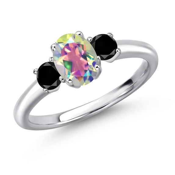 Gem Stone King 925 Sterling Silver Mercury Mist Mystic Topaz and Black Diamond Engagement Ring for Women | 1.34 Cttw | Oval 7X5MM | Gemstone November Birthstone | Size 6