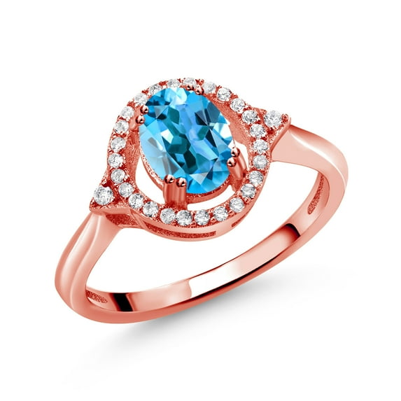 Gem Stone King 1.34 Ct Oval Swiss Blue Topaz 18K Rose Gold Plated Silver Ring (Size 8)