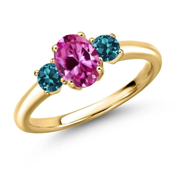 Gem Stone King 18K Yellow Gold Plated Silver Pink Created Sapphire and London Blue Topaz Engagement Ring for Women | 1.34 Cttw | Oval 7X5MM | Gemstone September Birthstone | Size 5