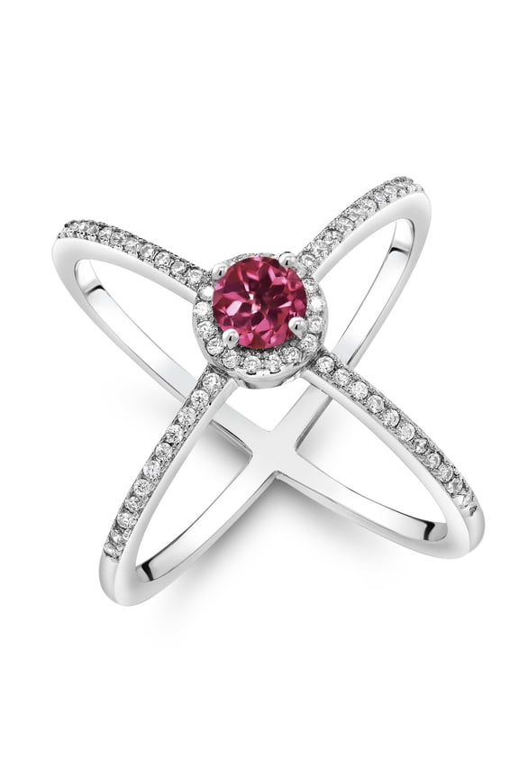 1.34 Cttw Round Pink Tourmaline Criss Cross X Ring for Women | 925 Sterling Silver | Round 5MM | Gemstone Birthstone | Available in Size 5, 6, 7 | Size 6