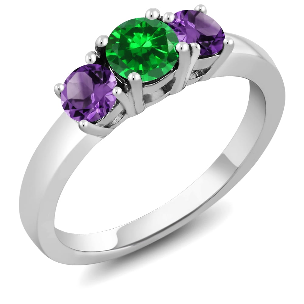 Gem Stone King 1.34 Cttw Green Simulated Emerald and Purple Amethyst 3-Stone Ring for Women | 925 Sterling Silver | Gemstone Birthstone | Wedding Engagement Anniversary Promise Ring for Women| Size 9