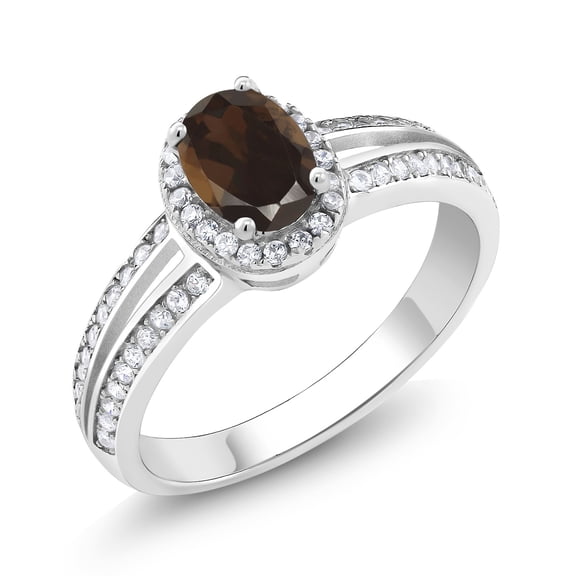 Gem Stone King 925 Sterling Silver Brown Smoky Quartz Engagement Ring for Women | 1.35 Cttw | Oval 7X5MM | Gemstone Birthstone | Size 5