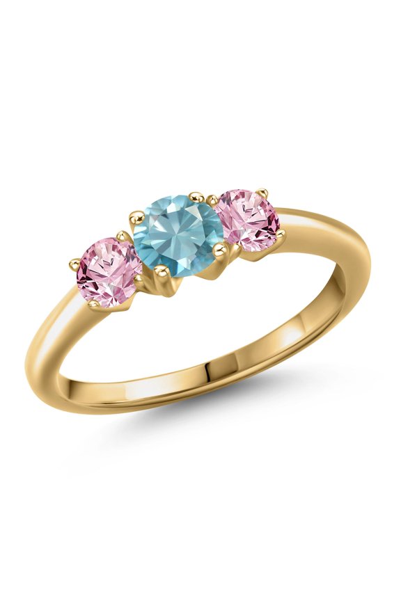 18K Yellow Gold Plated Silver Blue Zircon and Pink Lab Grown Diamond Engagement Ring for Women | 1.35 Cttw | Round 5MM | Gemstone Birthstone | Size 5