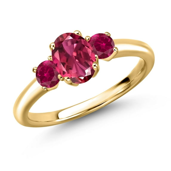 Gem Stone King 18K Yellow Gold Plated Silver Pink Tourmaline and Red Created Ruby Engagement Ring for Women | 1.35 Cttw | Oval 7X5MM | Gemstone October Birthstone | Size 6