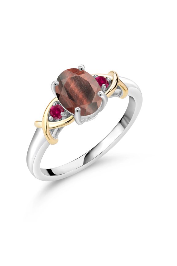 1.35 Ct Oval Red Tiger Eye Red Created Ruby 925 Silver and 10K Yellow Gold Ring (Size 8)