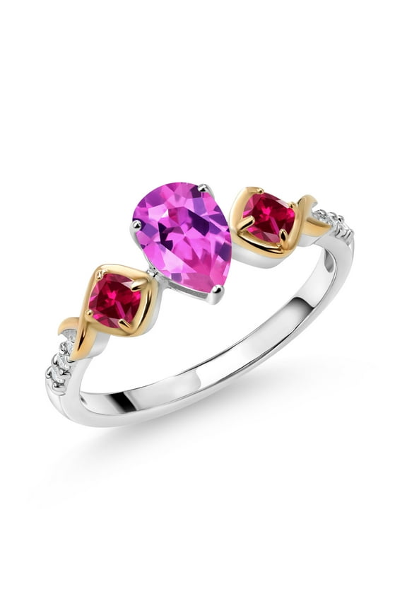 1.35 Ct Pink Created Sapphire Red Created Ruby 925 Silver and 10K Yellow Gold Ring (Size 7)