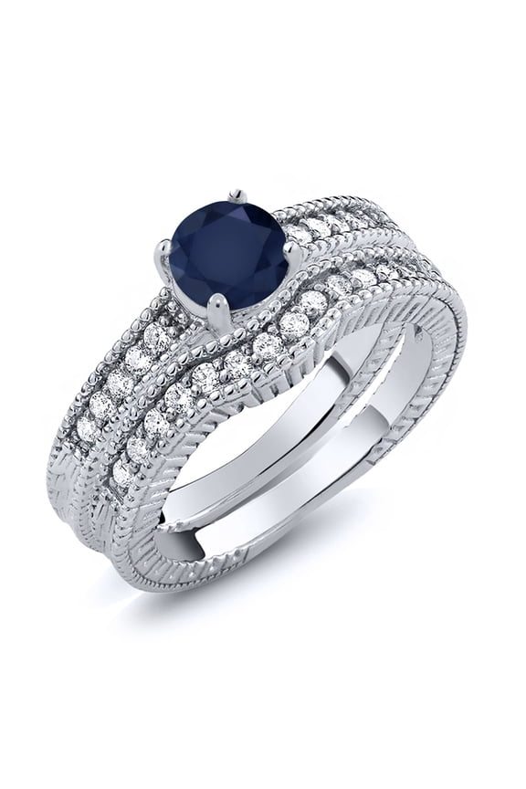 1.35 Ct Round Blue Sapphire 925 Sterling Silver Women's Ring (Size 5)