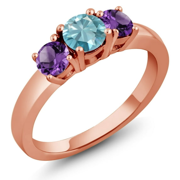 Gem Stone King 1.35 Ct Round Blue Zircon Purple Amethyst 18K Rose Gold Plated Silver Ring (Size 8)
