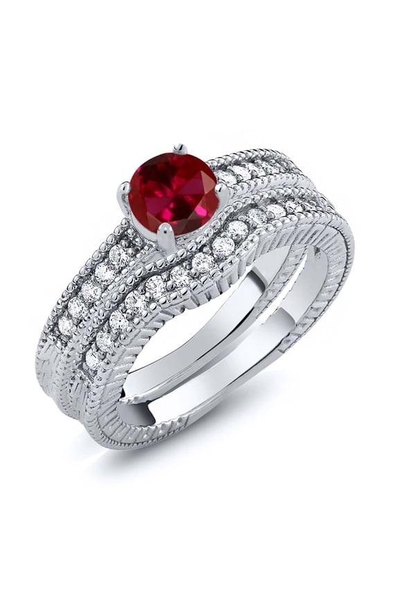 1.35 Ct Round Red Created Ruby Women's 925 Sterling Silver Engagement Ring Set (Size 5)