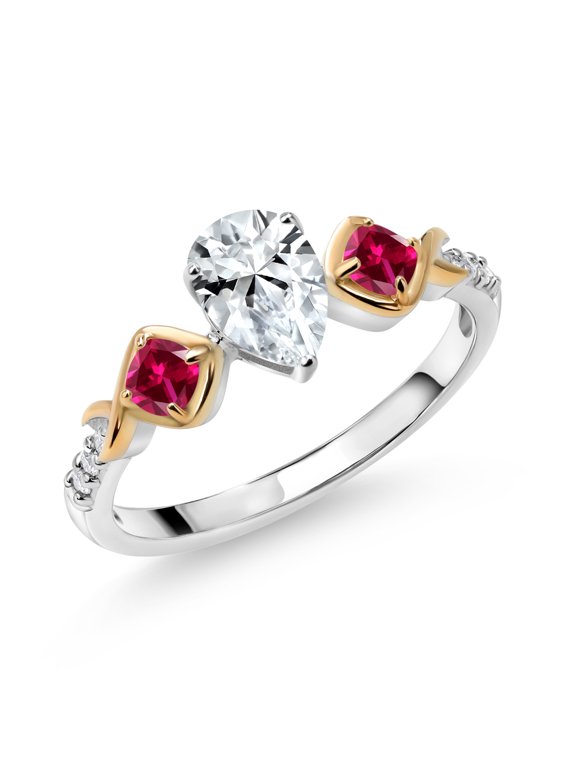 1.35 Ct White Created Sapphire Red Created Ruby 925 Silver and 10K Yellow Gold Ring (Size 9)