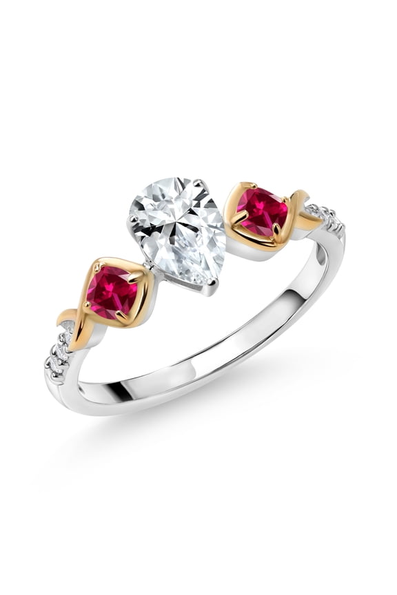 1.35 Ct White Created Sapphire Red Created Ruby 925 Silver and 10K Yellow Gold Ring (Size 6)