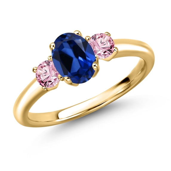 Gem Stone King 18K Yellow Gold Plated Silver Blue Created Sapphire and Pink Lab Grown Diamond Engagement Ring for Women | 1.36 Cttw | Oval 7X5MM | Gemstone September Birthstone | Size 7
