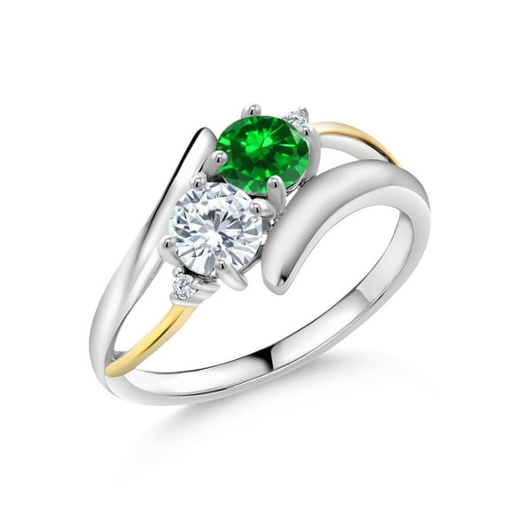 Gem Stone King 1.36 Ct Green Created Emerald 925 Silver and 10K Yellow Gold Lab Grown Diamond Two Stone Crossover Ring (Size 9)
