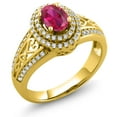 thumbnail image 1 of Gem Stone King 1.36 Ct Oval Red Created Ruby 18K Yellow Gold Plated Silver Ring, 1 of 5