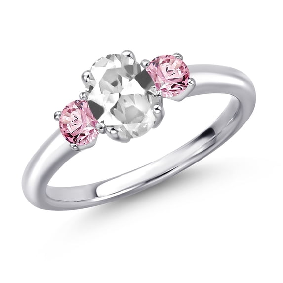 Gem Stone King 925 Sterling Silver White Created Sapphire and Pink Lab Grown Diamond Engagement Ring for Women | 1.36 Cttw | Oval 7X5MM | Gemstone September Birthstone | Size 7