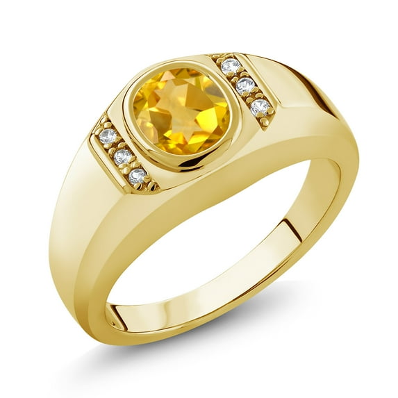 Gem Stone King 1.36 Ct Yellow Citrine White Created Sapphire 18K Yellow Gold Plated Silver Men's Ring