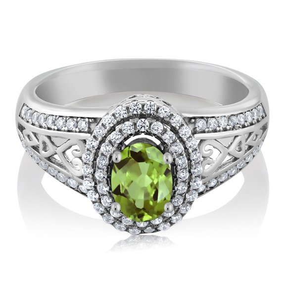 Gem Stone King 1.36 Cttw Green Peridot Engagement Ring in 925 Sterling Silver | Gemstone Birthstone | Oval 6X4MM | Wedding Anniversary Promise Ring for Women | Available in Size 5, 6, 7, 8, 9