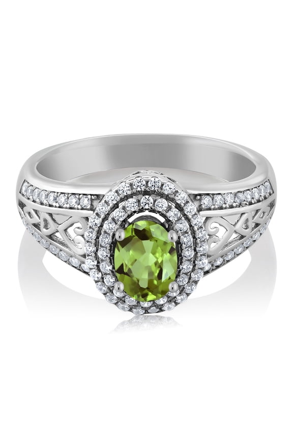 1.36 Cttw Green Peridot Engagement Ring in 925 Sterling Silver | Gemstone Birthstone | Oval 6X4MM | Wedding Anniversary Promise Ring for Women (Size 9)
