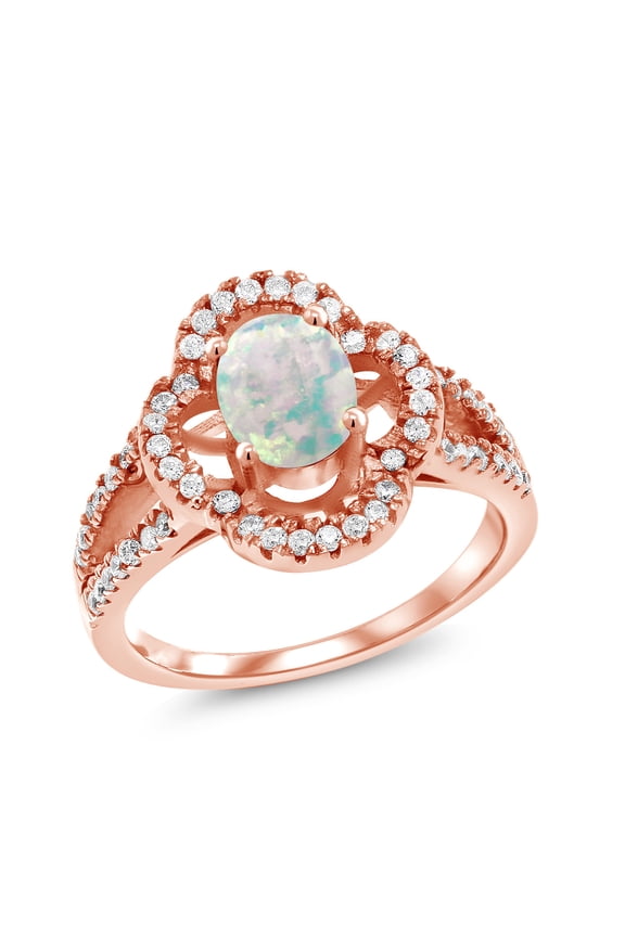1.37 Ct Oval Cabochon White Simulated Opal 18K Rose Gold Plated Silver Ring (Size 5)
