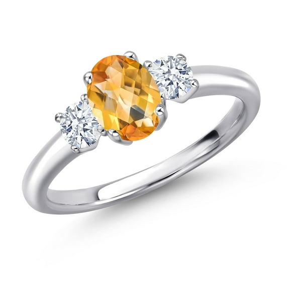 Gem Stone King 925 Sterling Silver Yellow Citrine and White Zirconia Engagement Ring for Women | 1.37 Cttw | Oval Checkerboard 7X5MM | Gemstone November Birthstone | Size 8