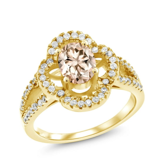 Gem Stone King 1.37 Ct Oval Peach Morganite 18K Yellow Gold Plated Silver Spotlight Ring (Size 8)