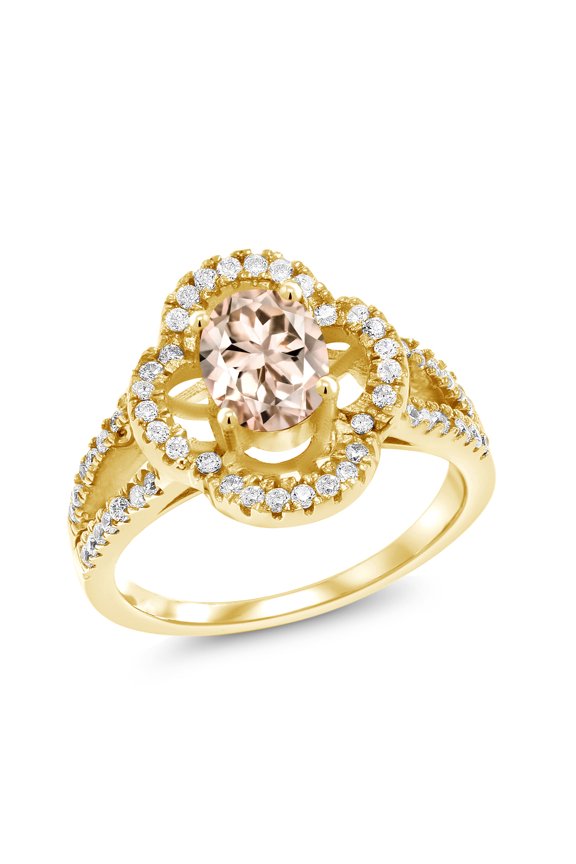 1.37 Ct Oval Peach Morganite 18K Yellow Gold Plated Silver Spotlight Ring (Size 8)