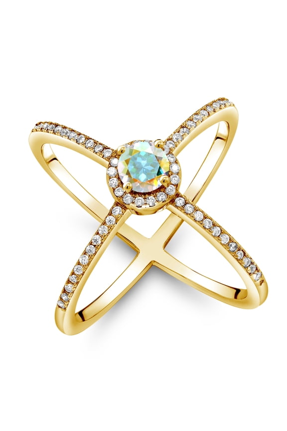1.37 Ct Round Mercury Mist Mystic Topaz 18K Yellow Gold Plated Silver Criss Cross X Ring (Size 6)