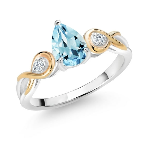 Gem Stone King 1.37 Cttw Pear Shape Sky Blue Topaz and Lab Grown Diamond 925 Silver and 10K Yellow Gold Engagement Ring for Women | Available in Size 5, 6, 7, 8, 9