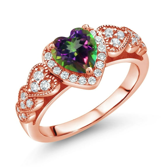 Gem Stone King 1.38 Ct Heart Shape Green Mystic Topaz 18K Rose Gold Plated Silver Ring